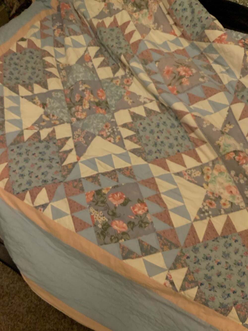Vintage  Floral Patchwork Quilt Blue and Pink Roses